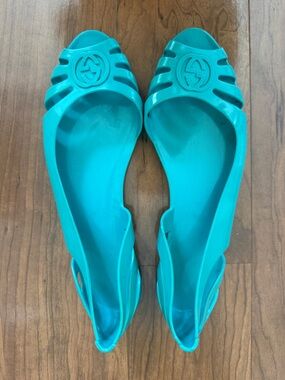 Gucci Turquoise Jelly Flat Sandals - Women's